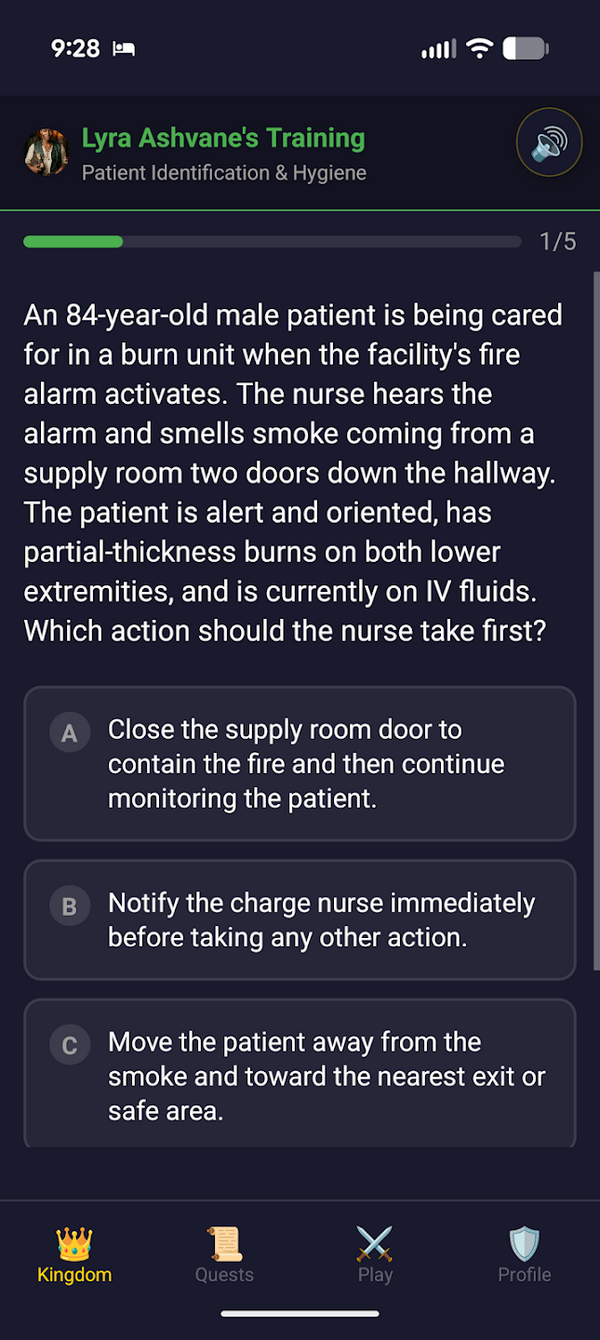 A Next Gen NCLEX case-study question in NCLEX Kingdom, showing the scenario and
                      three answer choices.